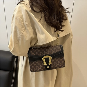 Retro monogram crossbody bag with golden embossed buckle and chain strap on trench coat