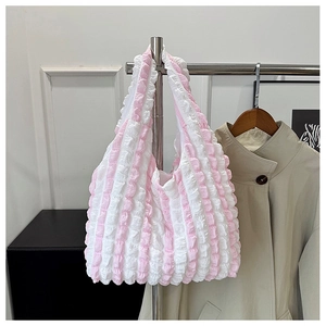 Detail of the pink and white striped bubble texture on this large tote bag