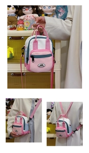 Detail of color-block nylon backpack showing handheld, crossbody, and backpack styling options