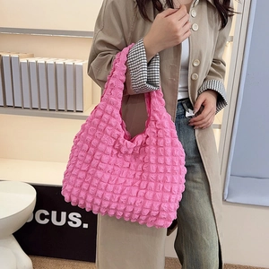 Chic bubble texture peach pink tote bag for women with large capacity shoulder strap