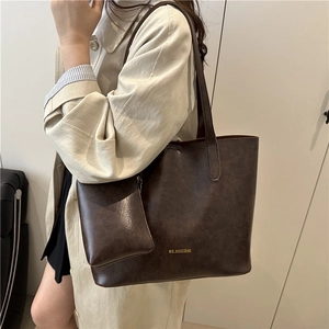 Vintage dark brown PU leather tote bag set with matching pouch and gold lettering
