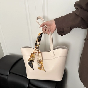 PU Leather Tote Bag With Decorative Satin Scarf Large Capacity Zipper Shoulder Handbag For Women Commuting Korean Style