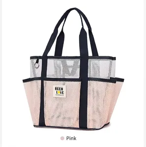 Pink and white mesh beach bag with multi-pocket design and breathable texture