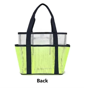 Back view of mesh beach tote bag featuring white and neon yellow colorblock design