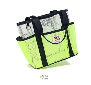 Side view of mesh beach tote bag in neon green and white with BEEN LOVE patch