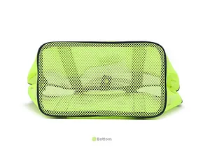 Detail view of the rectangular bottom of this neon green mesh beach storage bag