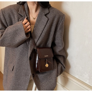 Détail du mini sac bandoulière marron foncé brillant avec logo Fashion doré