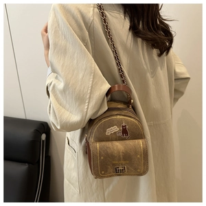 Mini sac à bandoulière style sac à dos avec motif chat, poignée cuir et chaîne dorée