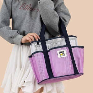 Purple mesh beach tote bag with large capacity for travel and swimming storage