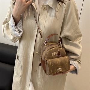 Mini sac à dos marron vintage avec illustration de chat et bandoulière chaîne