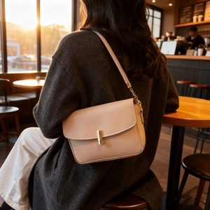 Minimalist beige crossbody bag with gold lock shown on model in cafe setting