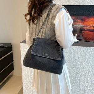 Large dark grey denim messenger bag with metal chain strap for daily casual wear