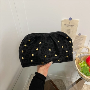 Women's Leopard Print Rivet Clutch Bag Fashion Pleated Dumpling Cloud Handbag Special Material Studded Clutch For Evening Party Banquet