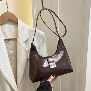 Glossy PU Leather Underarm Shoulder Bag Half Moon Hobo Bag For Women Korean Fashion Retro Solid Color With Gold Buckle
