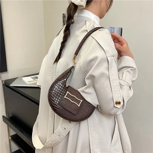 Minimalist dark brown crocodile pattern crescent underarm bag with gold metal buckle