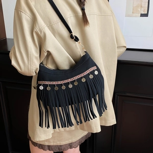 Vintage schwarze Stickerei-Fransentasche mit Boho-Geometriemuster für Damen Umhängetasche