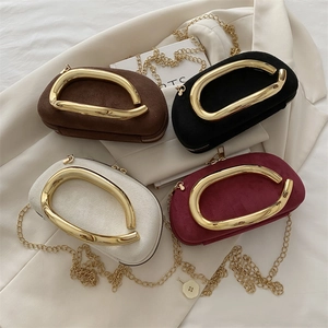 Mini round suede evening bags with gold metal handles and chain straps in four colors