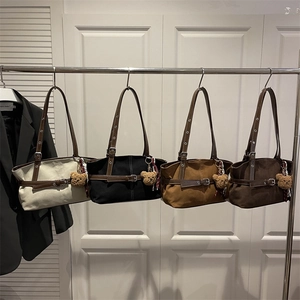 Retro canvas tote bag with leather belt details and bear pendant in four colors