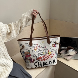 Large Capacity PU Leather Graffiti Tote Bag For Women Casual Street Style Cartoon Bear Printed Shoulder Bag Trendy Commuting Handbag