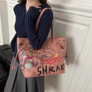 Pink large-capacity graffiti bear tote bag with artistic leather texture for women