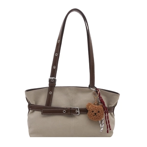 Retro large canvas tote bag with brown leather straps and cute bear pendant