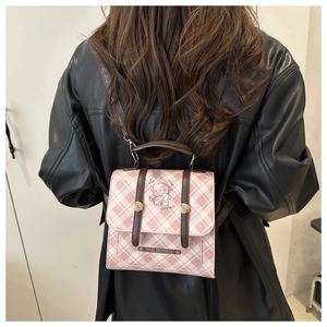 Sac à dos à carreaux rose pour femme avec illustration de chien et cuir