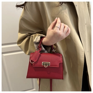 Makroaufnahme der roten Mini-Handtasche aus Leder mit goldenem Schloss am Model