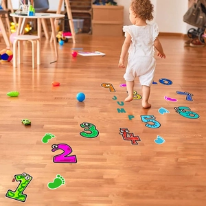 Colorful cartoon number floor stickers set with footprints for kids sensory training