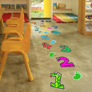 Educational floor stickers for kids with colorful cartoon numbers and jump footprints