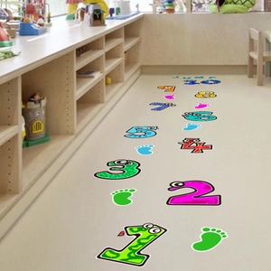 Close-up of colorful cartoon number 1-10 floor decals for children hopscotch game