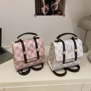 Fashion Plaid Mini Backpack For Women Cute Cartoon Dog Pattern PU Leather Small Square Shoulder Bag Korean Style Daily Travel