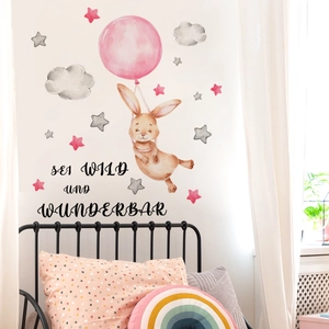 Watercolor rabbit with pink balloon wall sticker for kids bedroom decoration