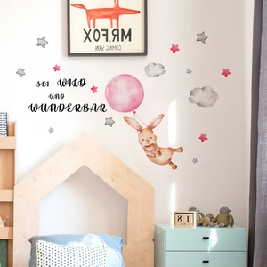 Watercolor Cartoon Rabbit Balloon Wall Stickers PVC Self Adhesive Nursery Kids Room Decor Clouds Stars German Quote
