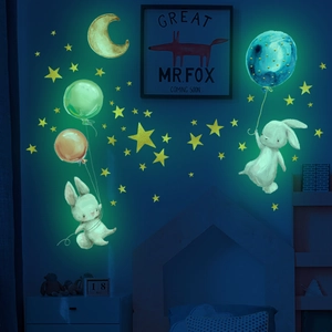 Autocollants Muraux Lumineux Lapin Ballons Étoiles Lune PVC Décalcomanies Autocollantes Décoration Chambre Bébé Dessin Animé