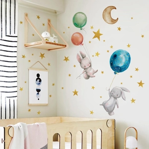 Stickers muraux lapin et ballon avec étoiles pour chambre d'enfant en style aquarelle
