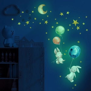 Stickers muraux lumineux avec lune, étoiles et lapins de dessin animé avec ballons