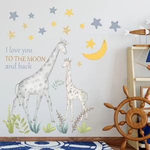 Detail of giraffe and moon wall stickers with I love you to the moon and back text