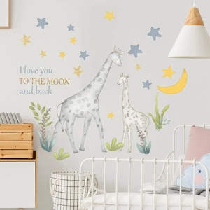 Detail of giraffe and moon wall stickers with I love you to the moon and back text