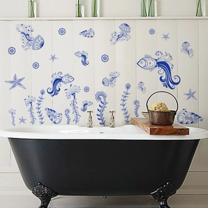 Blue ocean animal wall stickers with fish and jellyfish for bathroom decor