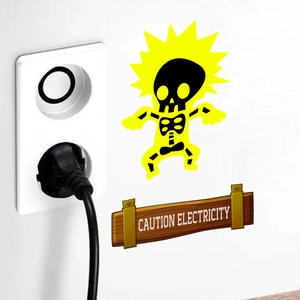 Autocollant mural lumineux attention électricité avec squelette pour prise