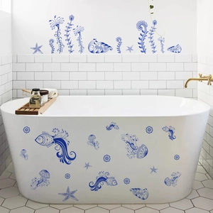 Blue Sea Animal Bathtub Stickers Waterproof PVC Sea Life Wall Decals For Bathroom Shower Decor Jellyfish Fish Starfish