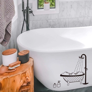 Black line art bathroom wall sticker featuring a vintage bathtub and shower head design