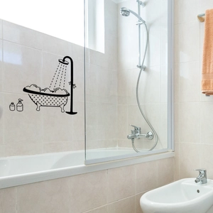 Detail view of black PVC bathtub and shower wall stickers on modern bathroom tiles