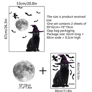 Leuchtende Mond und schwarze Katze Halloween Wandaufkleber mit Fledermäusen und Hexenhut
