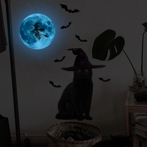 Leuchtende Halloween Wandtattoo Im Dunkeln Leuchten Mond Fledermaus Katze Hexe Silhouette PVC Selbstklebend Deko