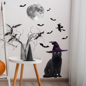 Leuchtende Halloween Wandsticker mit Mond, Fledermäusen und schwarzer Katze für Deko