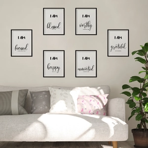 Set di 6 stampe murali ispiratrici minimaliste in bianco e nero con cornici nere sottili
