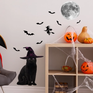 Leuchtender Mond mit Fledermaus- und Hexen-Silhouetten für Halloween Wanddeko