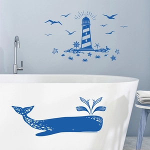 Blauwal Leuchtturm Nautik Ozean Thema Badezimmer Wandaufkleber Wasserdicht Selbstklebend Badewanne Dekoration PVC Aufkleber