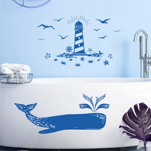 Wasserdichte Wandtattoo mit Blauwal und Leuchtturm auf Badewanne und Fliesen